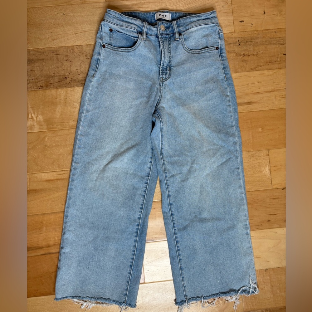 OAT New York Jeans High Rise Wide Leg Raw Hem Denim Blue Light Wash Size 27
